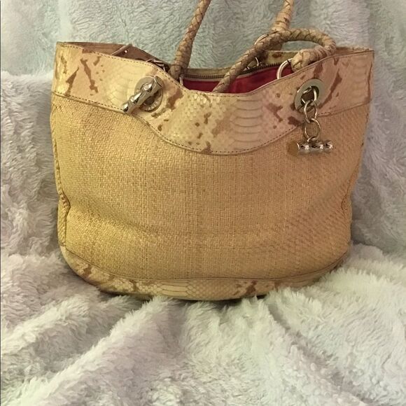 Elaine Turner Snakeskin & Woven Straw Tote Bag - Cream/Tan with Pink Interior - Picture 4 of 11